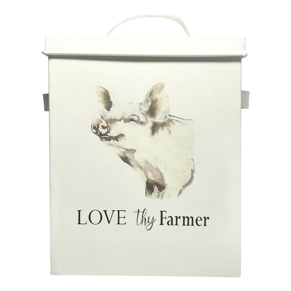 Arlington Designs “Love thy Farmer” Metal Pig Tin Box & Lid 9 1/4” Farmhouse